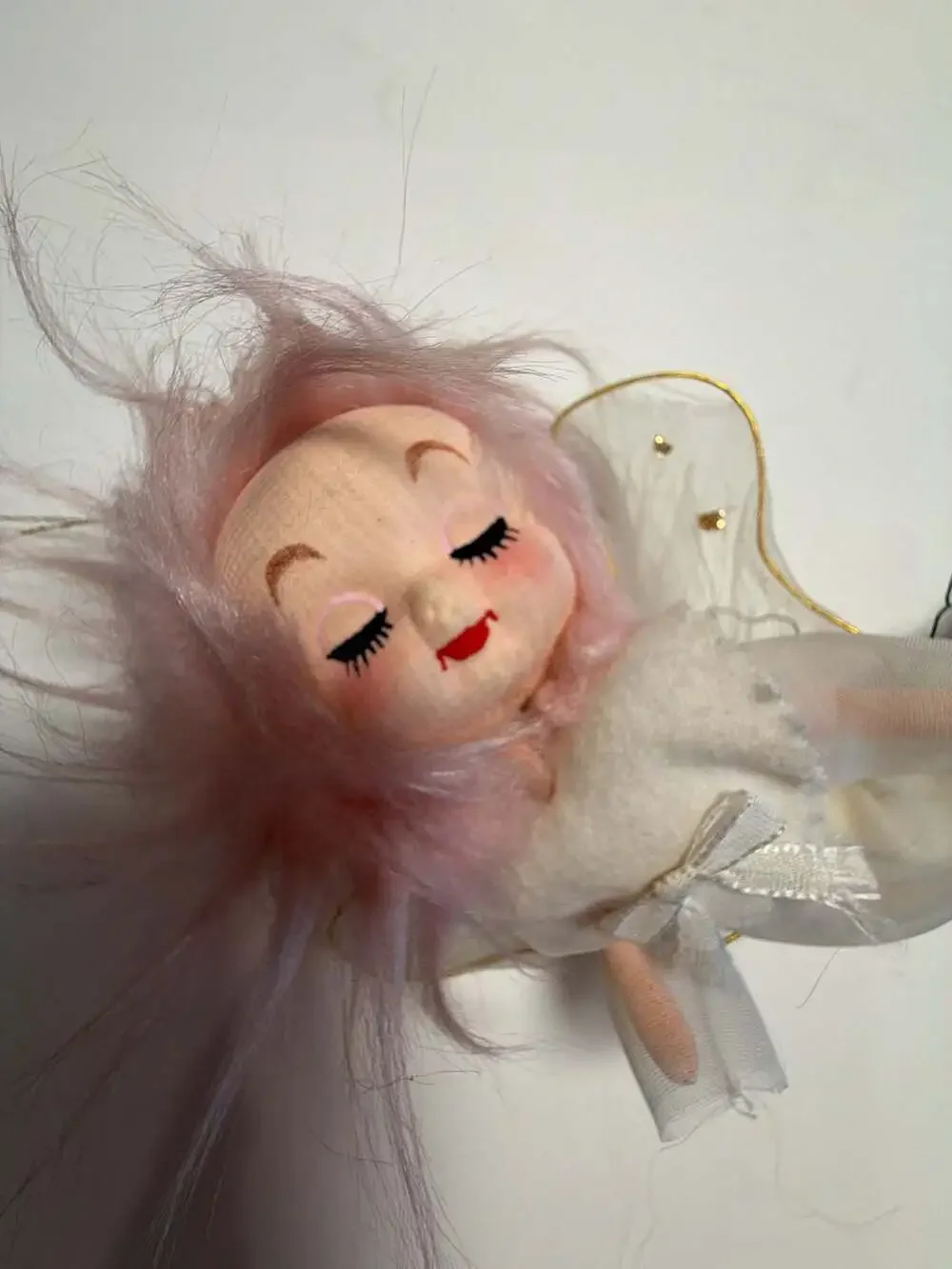 Vintage Mid-Century Japan Pink Hair Pixie Angel Ornament with Tulle Wings